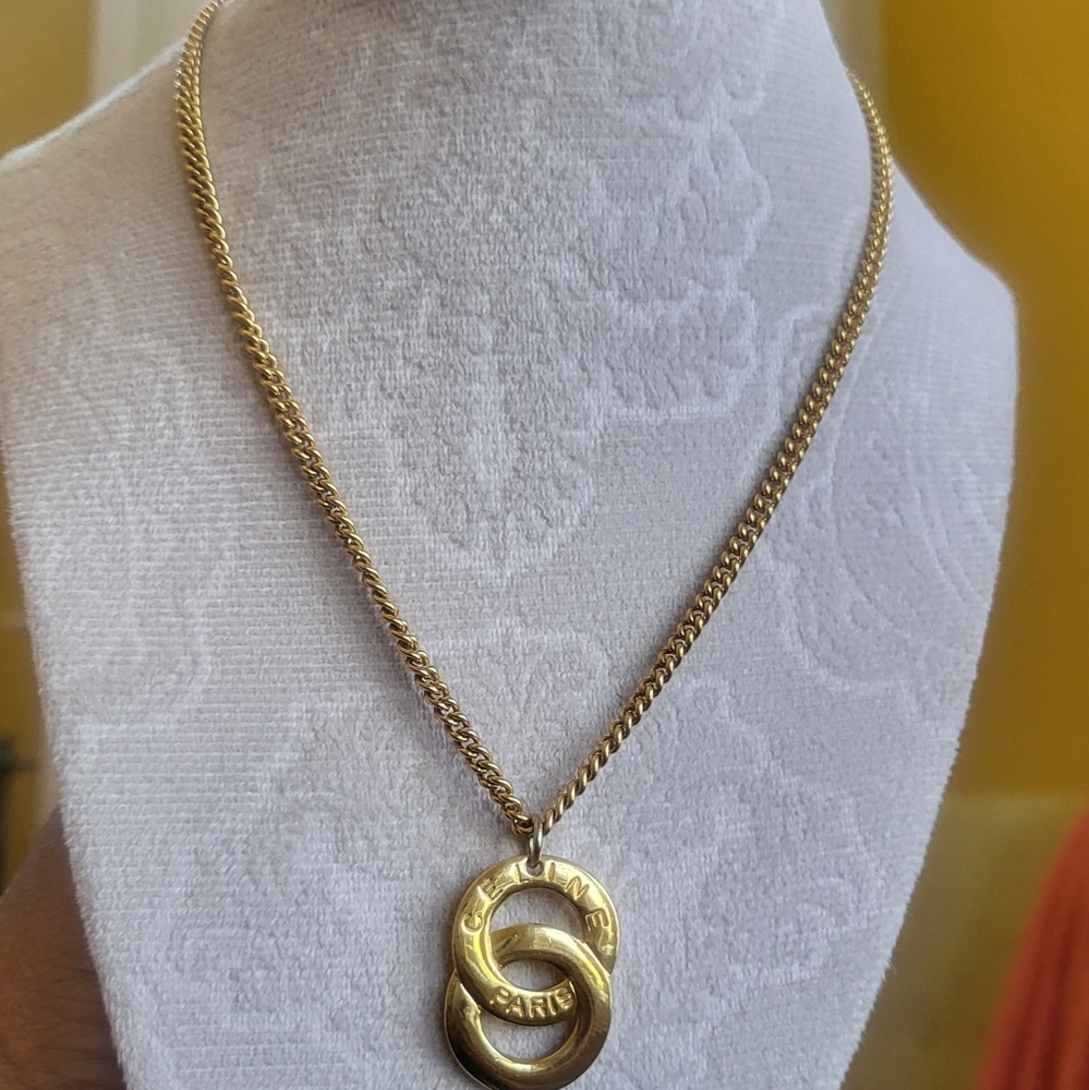 1990 Vintage CELINE Goldplated Double Hoop top Pendant Necklace.